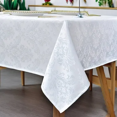 Жакардова скатертина Leeseph з вензелями 150×300см біла купити недорого || Metelka.com.ua