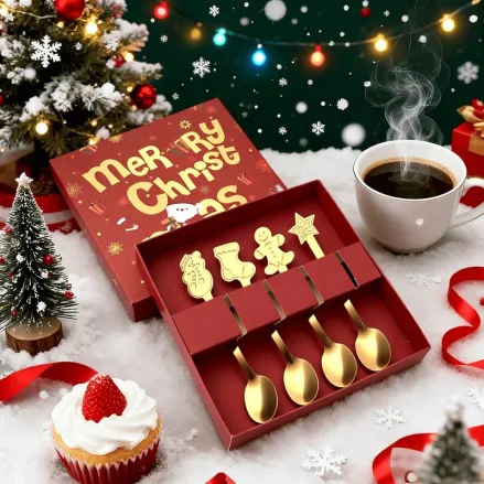 Набір чайних ложок новорічних Merry Christmas золоті 4 шт купити недорого || Metelka.com.ua