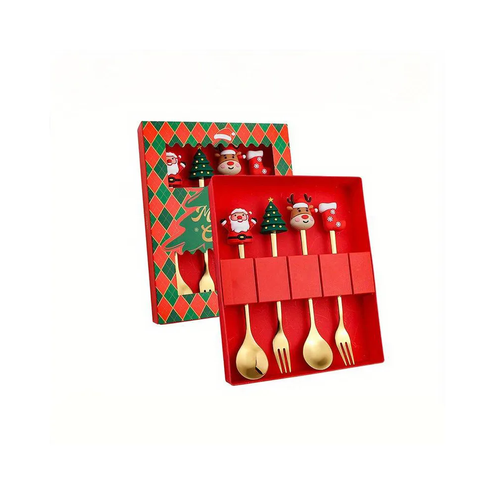 Набор десертных приборов новогодних Leeseph Merry Christmas золотые 4 шт купить недорого || Metelka.com.ua