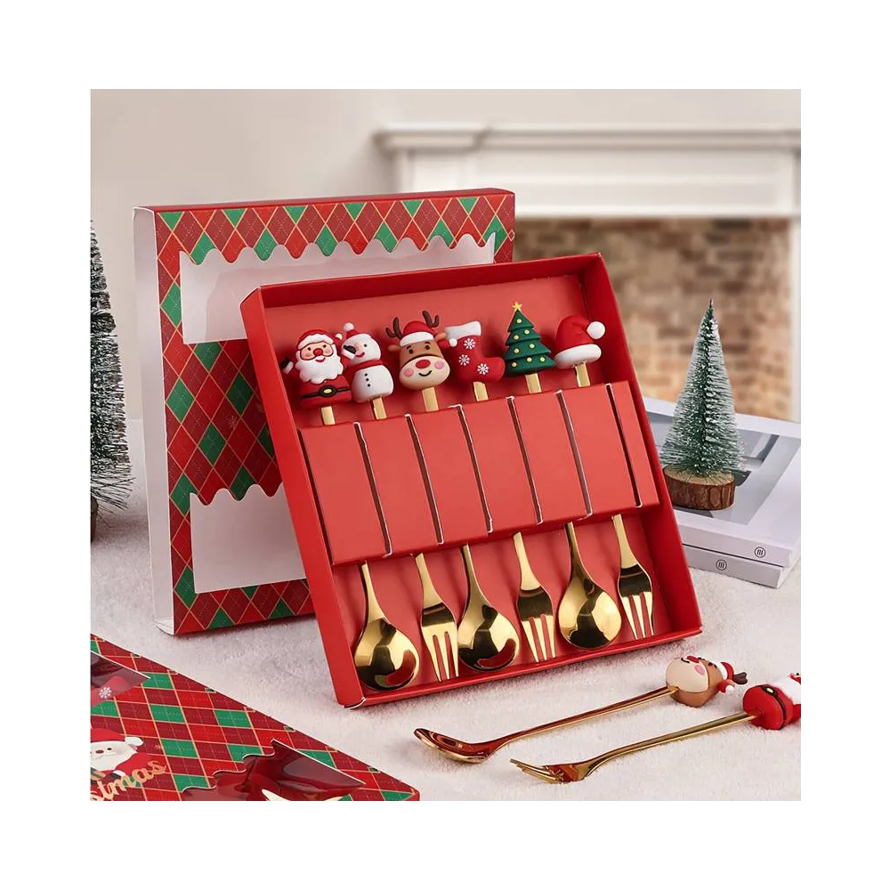 Набір десертних приборів новорічних Leeseph Merry Christmas золоті 6 шт купити недорого || Metelka.com.ua