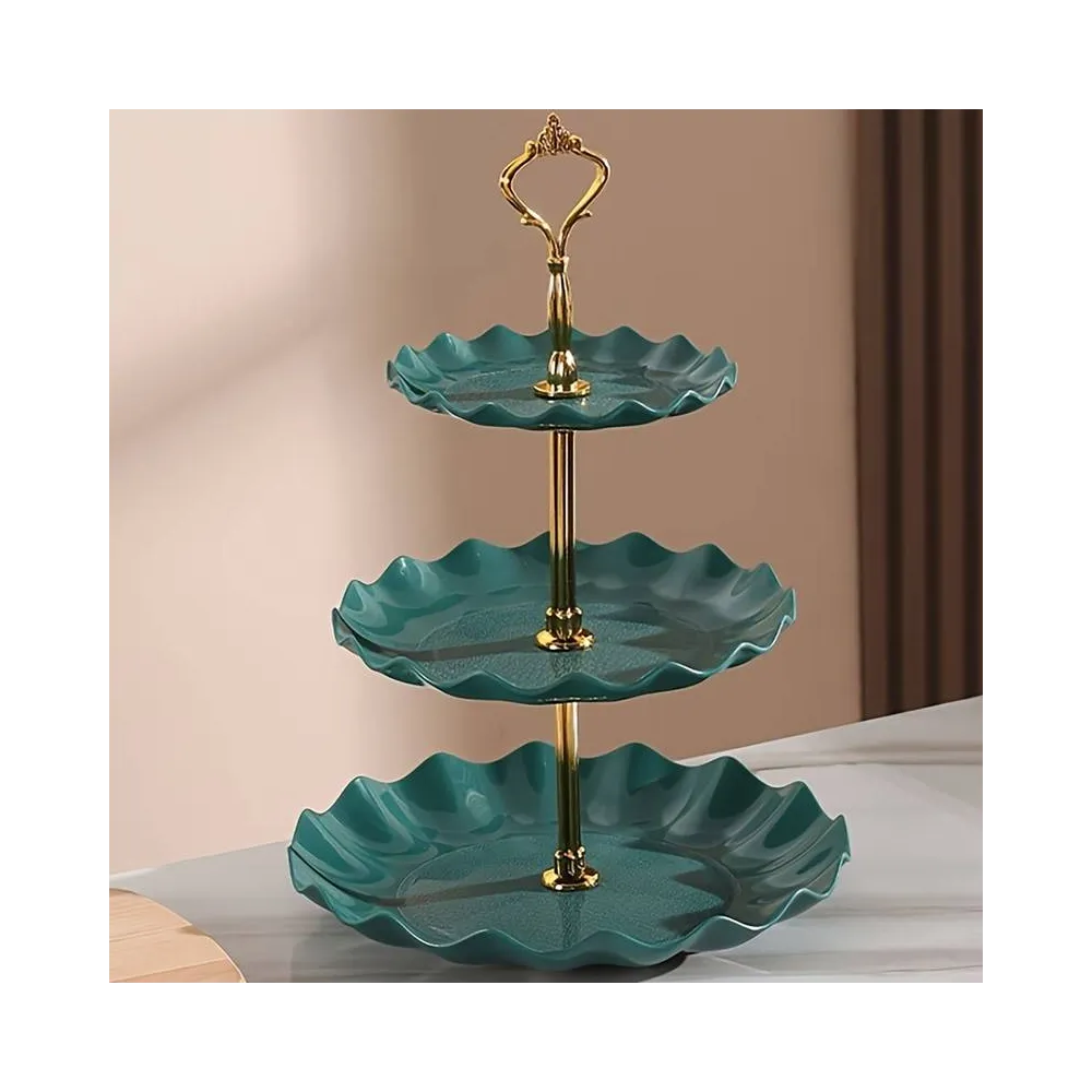 Подставка 3-ярусная Leeseph для десертов, фруктов пластиковая зеленая с золотом купить недорого || Metelka.com.ua