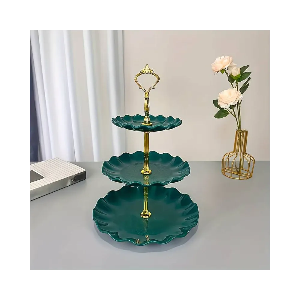 Подставка 3-ярусная Leeseph для десертов, фруктов пластиковая зеленая с золотом купить недорого || Metelka.com.ua
